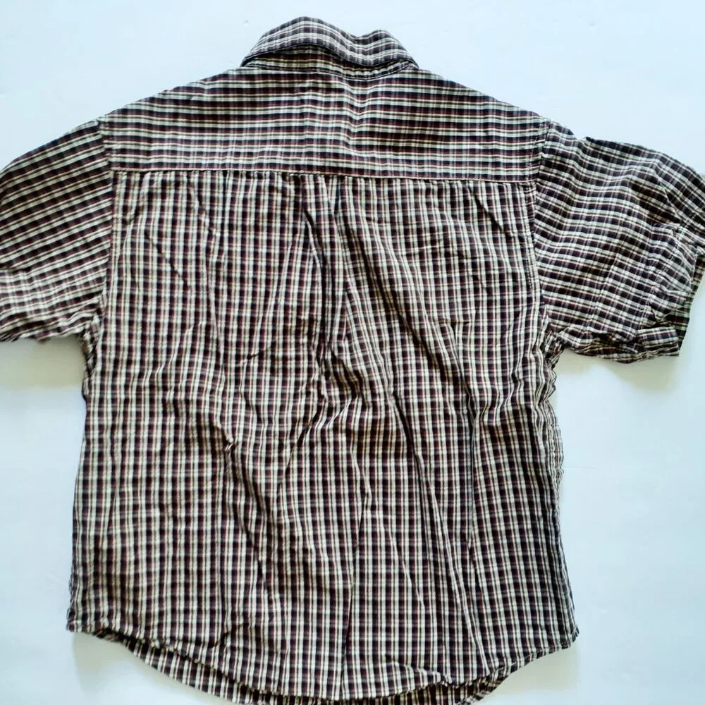 Gap Boys Shirt Button Down Red Tan Green Plaid Short Sleeve XS